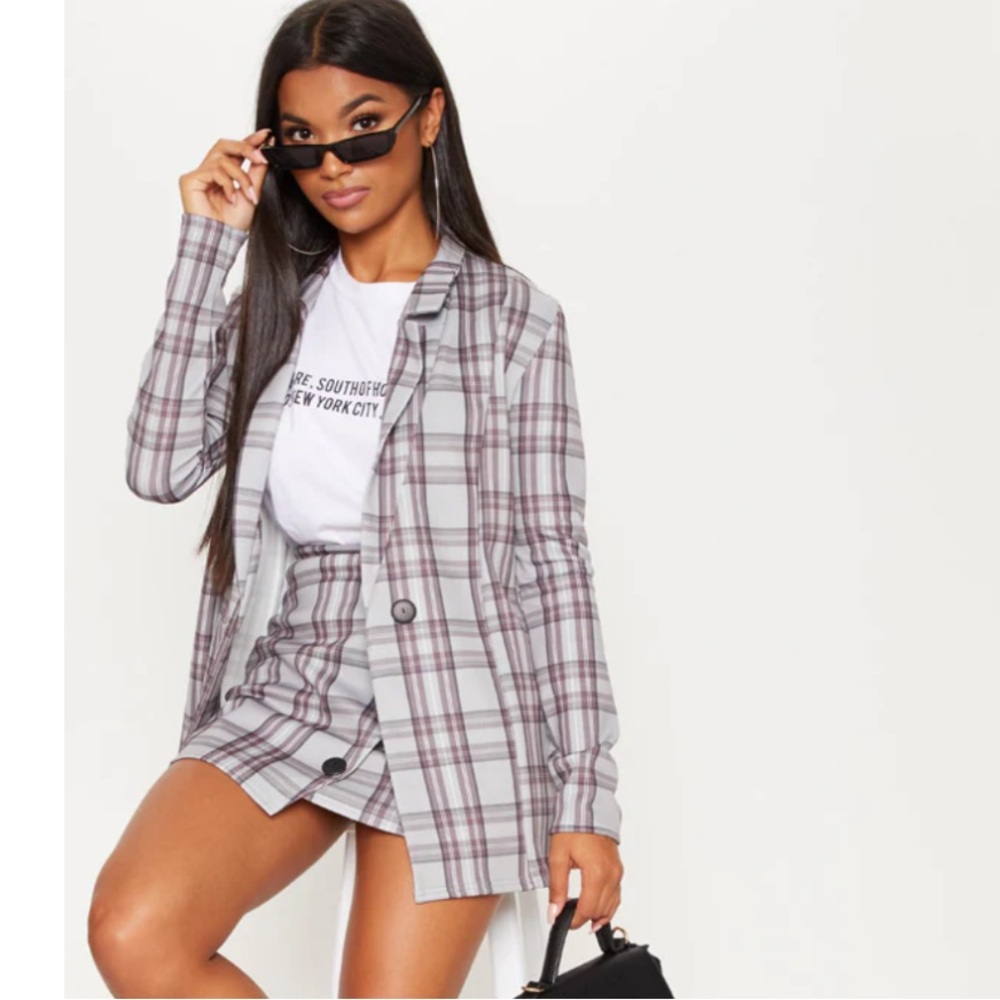 PrettyLittleThing Plaid Boyfriend Blazer - Size 4